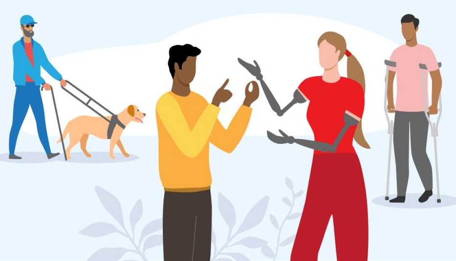 cartoon illustration of people with different disabilities a blind man a deaf man using sign language a woman with prosthetic arms and a man on crutches