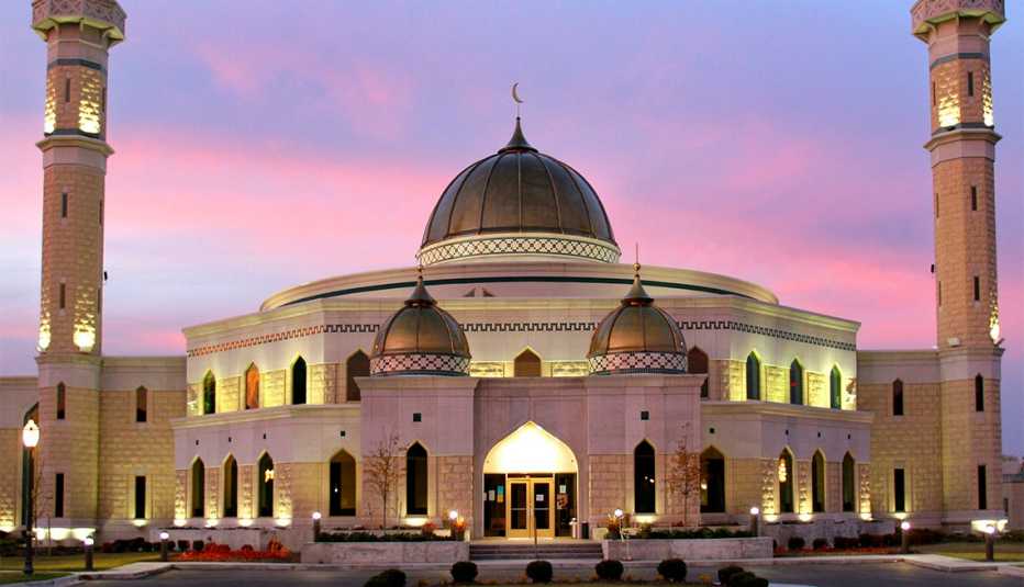 the islamic center of america mosque in dearborn, michigan at sunset