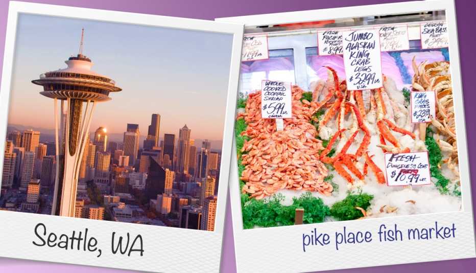 Two images of Seattle - Space Needle and a seafood display in the Pike Place Market - each one is framed in Polaroid style