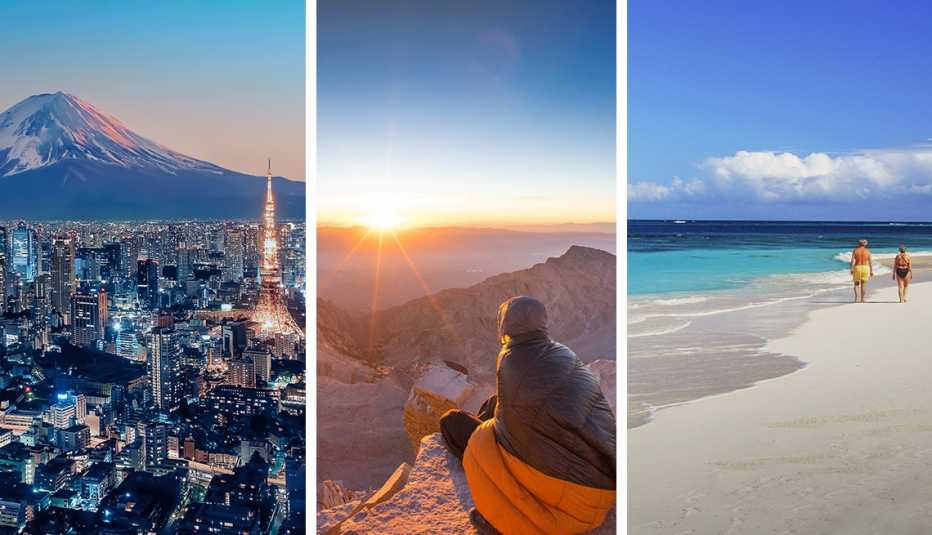Aerial view of Tokyo with Mt. Fuji in the background; woman wrapped in a sleeping bag, watching the sunrise on top of Mount Whitney; couple strolling a tropical beach in Cancun, Mexico