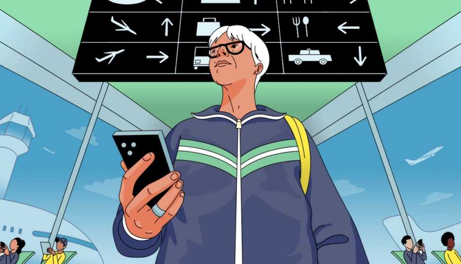 an illustration of a man at an airport holding a smartphone
