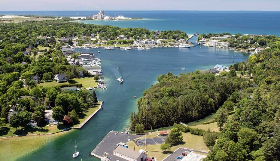 an aerial view of round lake in charlevoix michigan