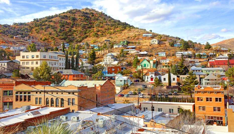 a view of bisbee arizona with a hill in the background