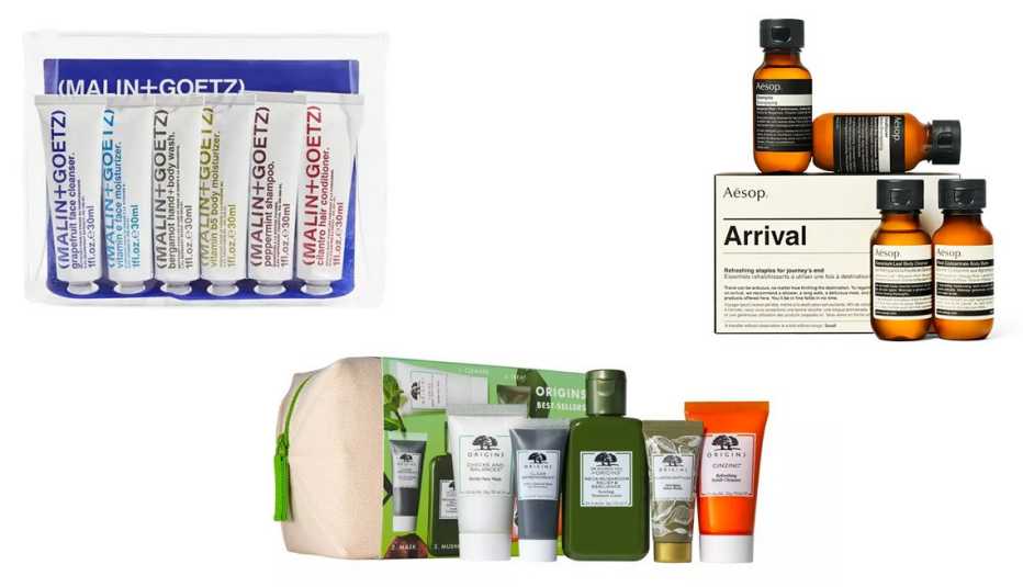 left to right malin and goetz best sellers travel kit then origins best skin travel set then aesop arrival travel kit