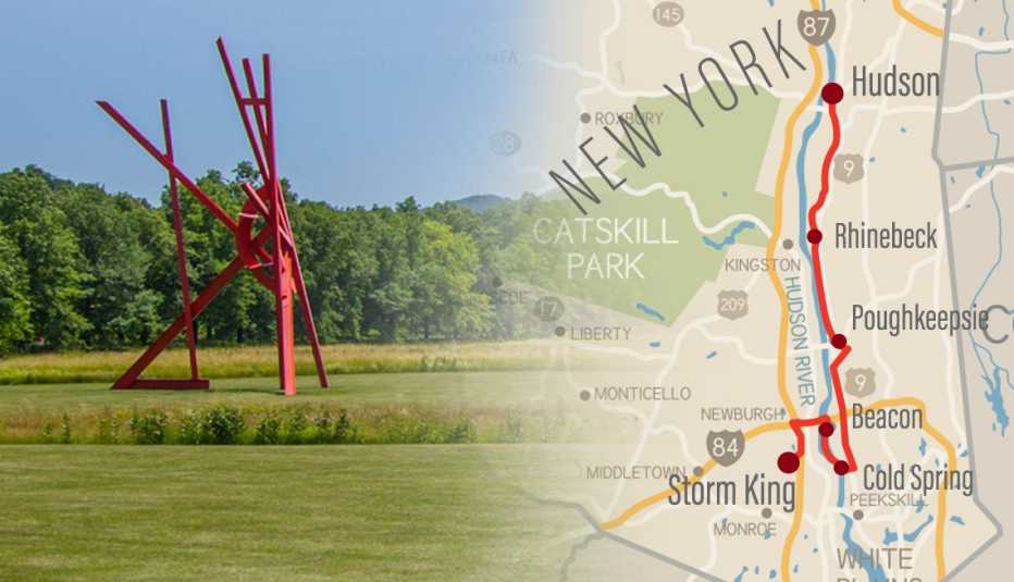 large scale steel sculpture by mark di severo at storm king art center in new york and road map of the area