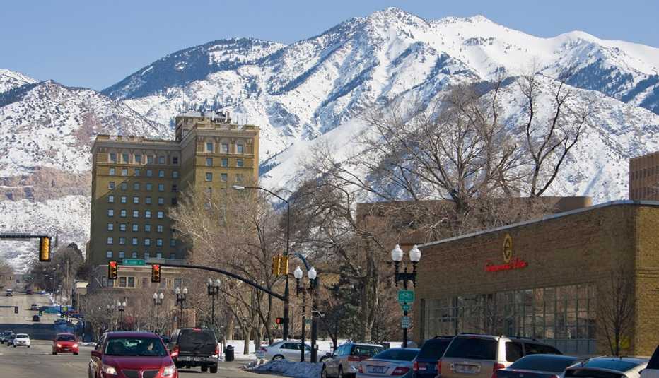 Ogden's historic 25th street with mountains in the background