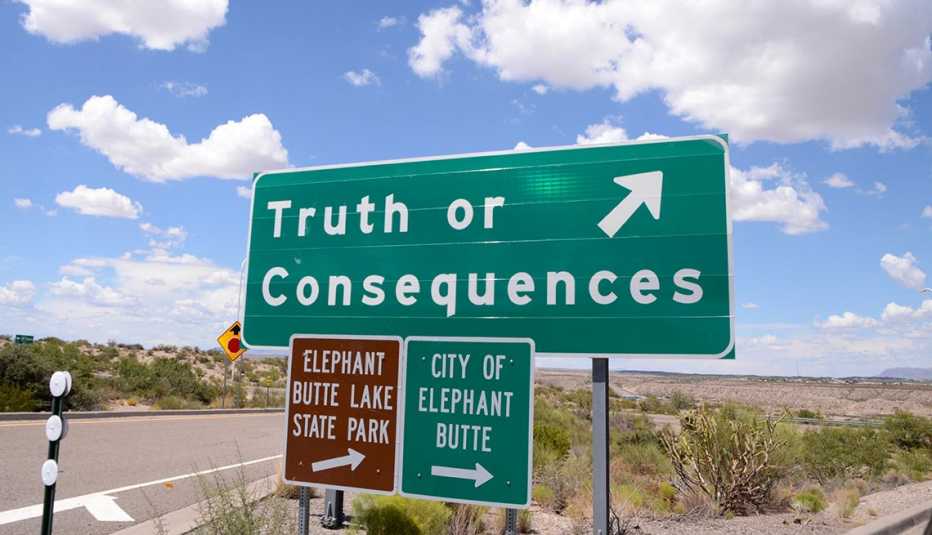 a sign of direction for Truth or Consequences, New Mexico on Interstate 25 