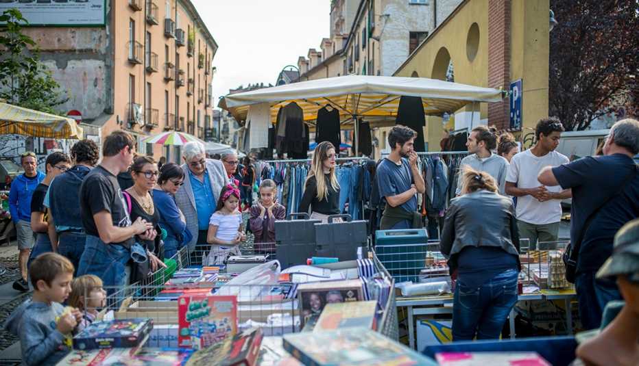 People at the local flea market at Porta Palazzo in Turin, Italy