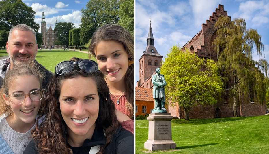 left writer adam pitluk and family right a statue of author hans christian andersen in front of saint canute cathedral in odense denmark