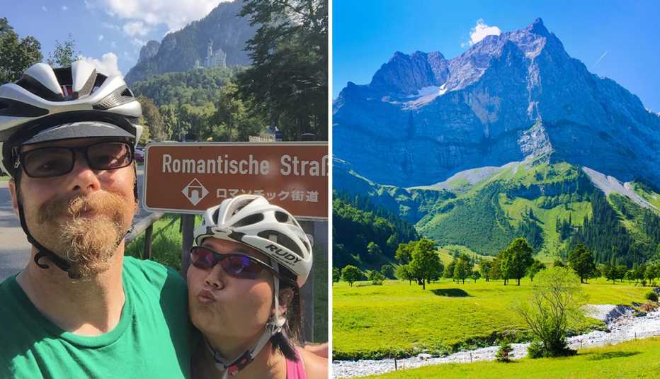 left robert annis and wife dee take a selfie in their bike helmets right a view of the alps in the german state of bavaria