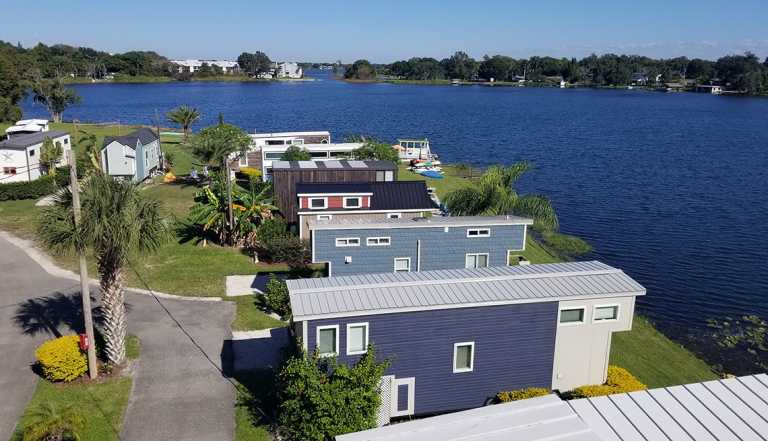 aerial view of several Orlando Lakefront tiny homes