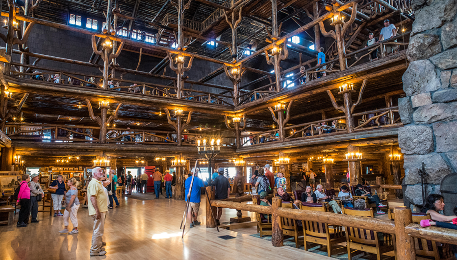 the interior of old faithful inn in yellowstone national park wyoming