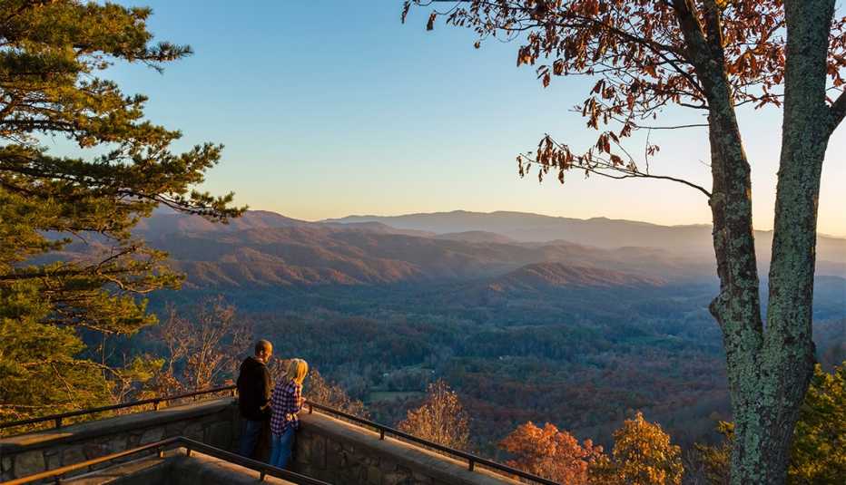 view over the Great Smoky Mountains National Park at sunset from Look Rock overlook, Foothills Parkway, Tennessee, USA
