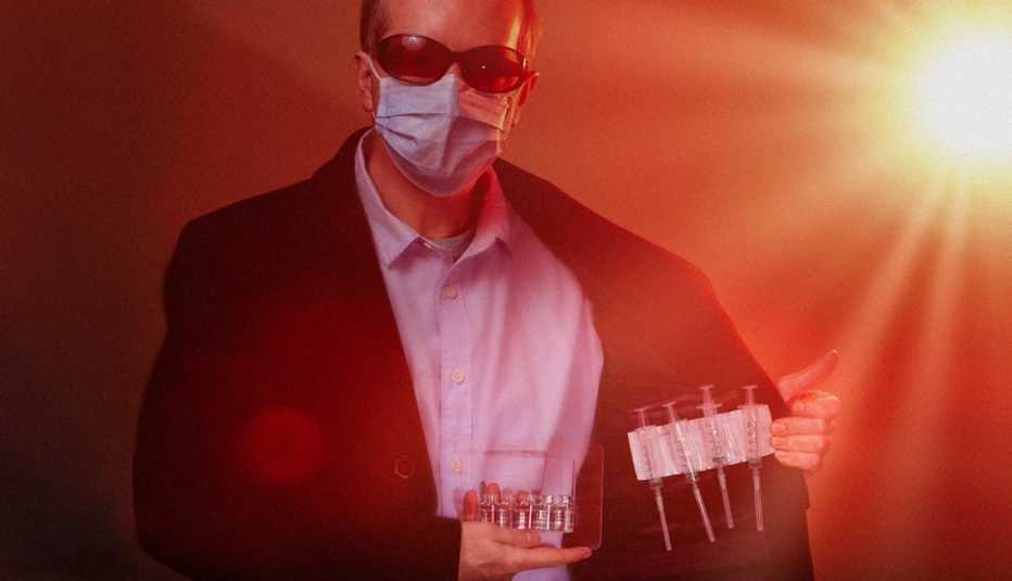 staged photo of a man wearing sunglasses a mask and a coat shiftily showing us his stash of vaccine vials for sale