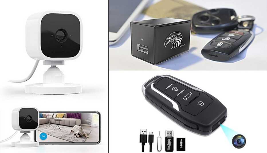 tiny spy camera products one looks like a u s b outlet converter charger one looks like a car key fob and one looks like a small security camera