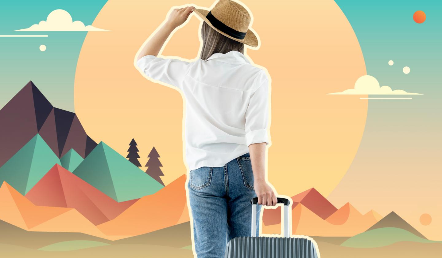 a woman with a hat and a suitcase looking off at mountains