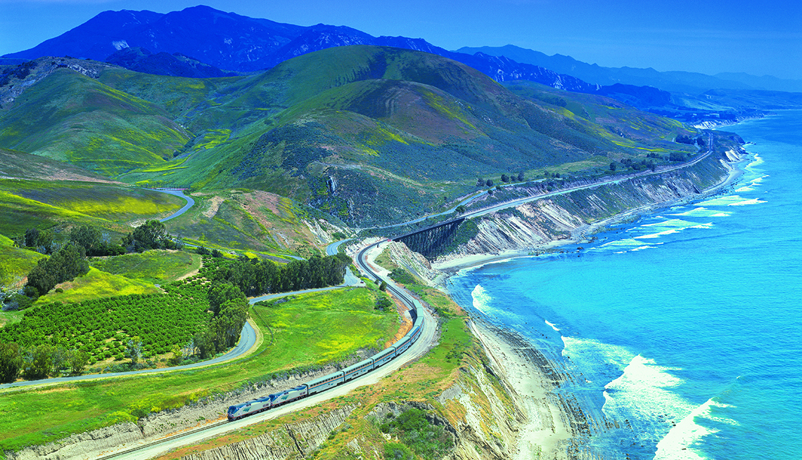 Train Along Mountainous Coast, Amtrak Coast Starlight, Bargain West Coast Train Ride