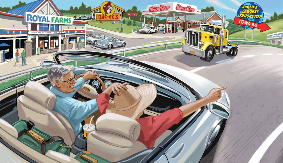 an illustration of a smiling couple driving by a rest stop and gas station