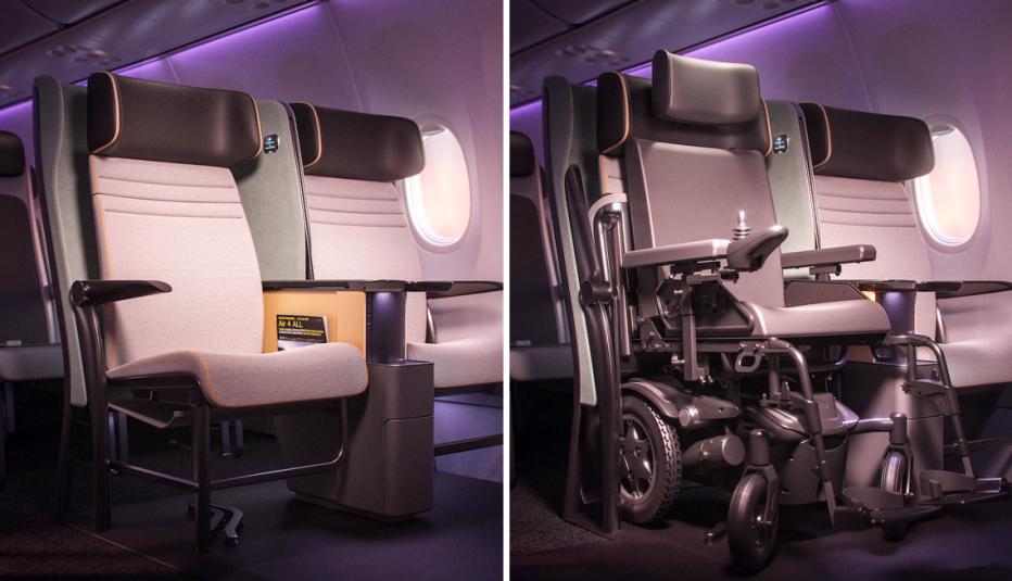 side by side before and after images of air4alls prototype for a plane seat that can be adapted to sit a personal wheelchair