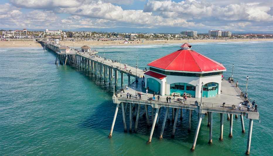 Aerial drone view of the Huntington Beach Pier