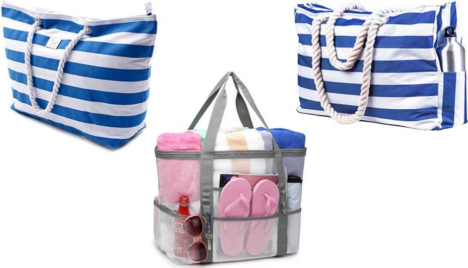 Bag & Carry Large Canvas Striped Beach Bag in Striped Blue; Shylero Beach Bag & Pool Bag XL - Zippered in Navy Blue Cuttlefish; F-Color Oversized Mesh Beach Bag in White