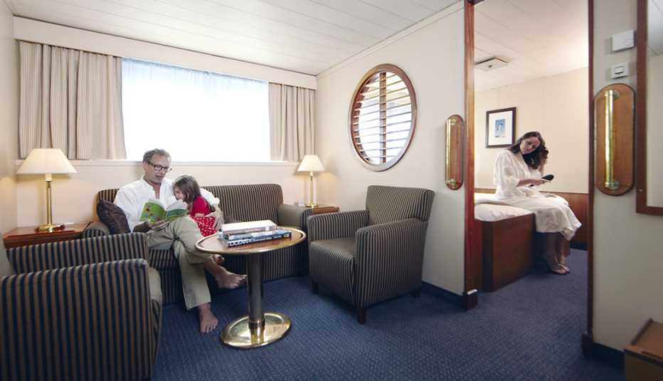 Family spends time in a large family size cabin on cruise ship.