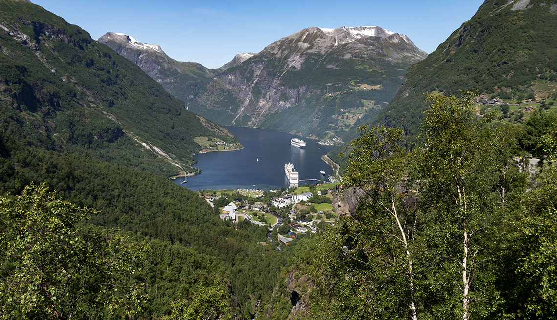 Geiranger and Fjord scenic view with cruise ships