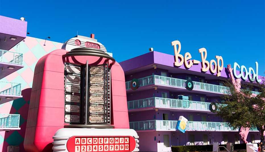 A building in the shape of a retro juke box at Disney's Pop Century Resort