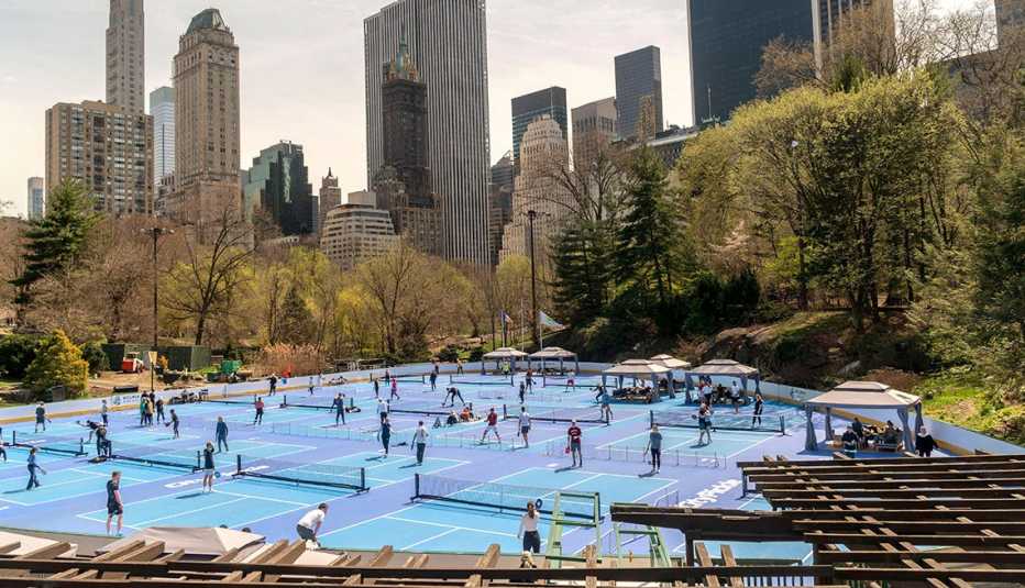 people playing pickleball on wollman rink in central park new york city