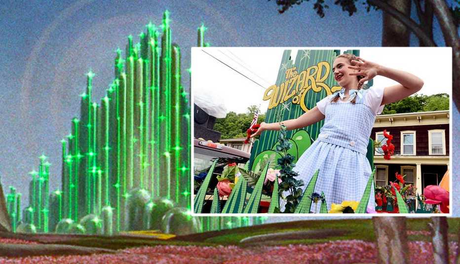 the emerald city from the movie the wizard of oz and a woman dressed as dorothy at oz stravaganza in new york