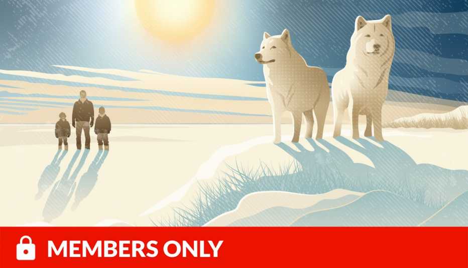 illustration of man and two children standing in snow; two wolves in the foreground on a little hill; red members only banner with lock icon on bottom