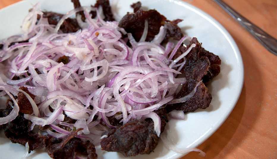 Carne Seca, or dried beef, at a traditional picanteria in Ferranafe near the northern coastal city of Chiclayo.