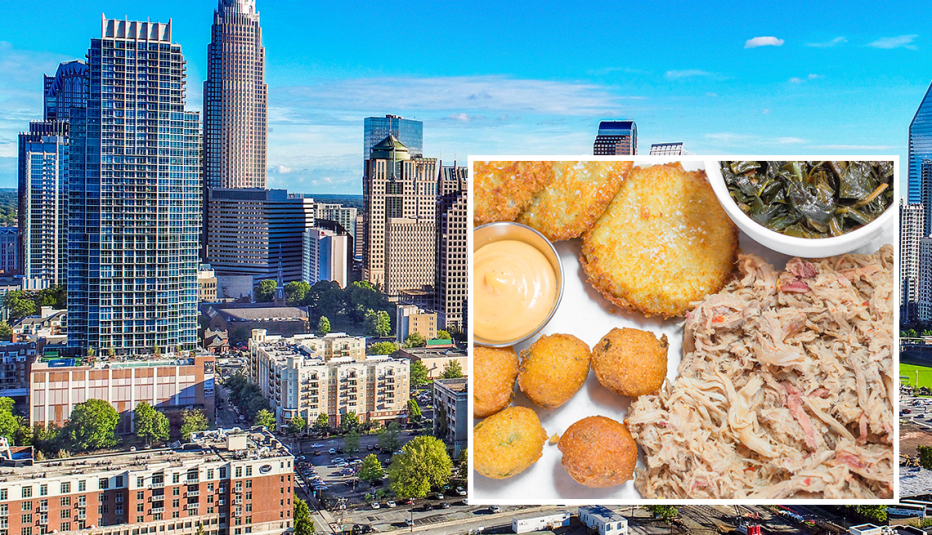 the skyline of charlotte north carolina and an inset of carolina barbecue with hushpuppies hashbrowns and collard greens
