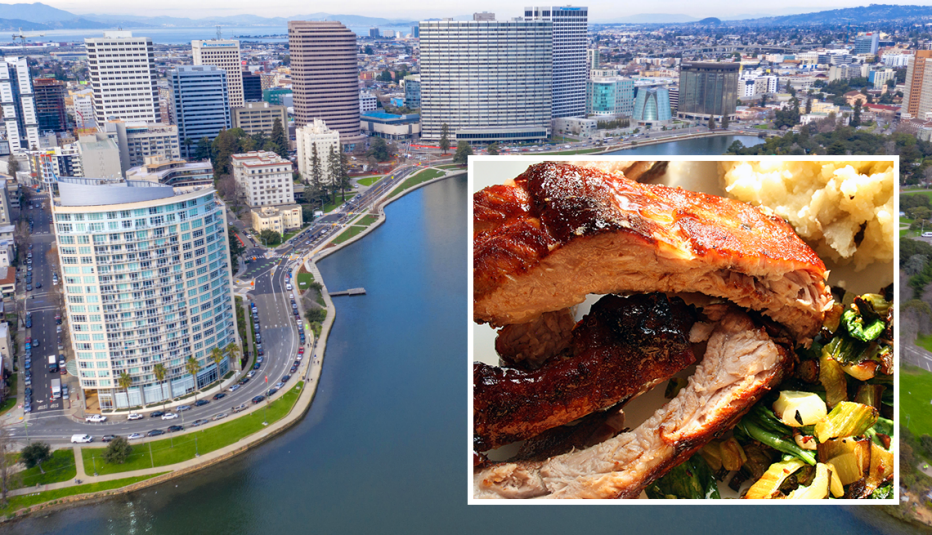 skyline of oakland california and inset of smoked ribs