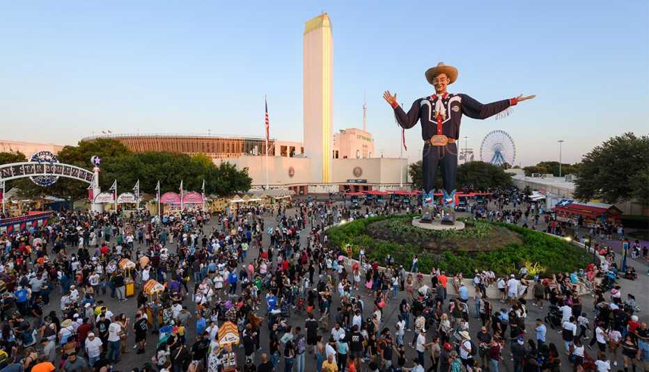 big tex looming over visitors at the texas state fair