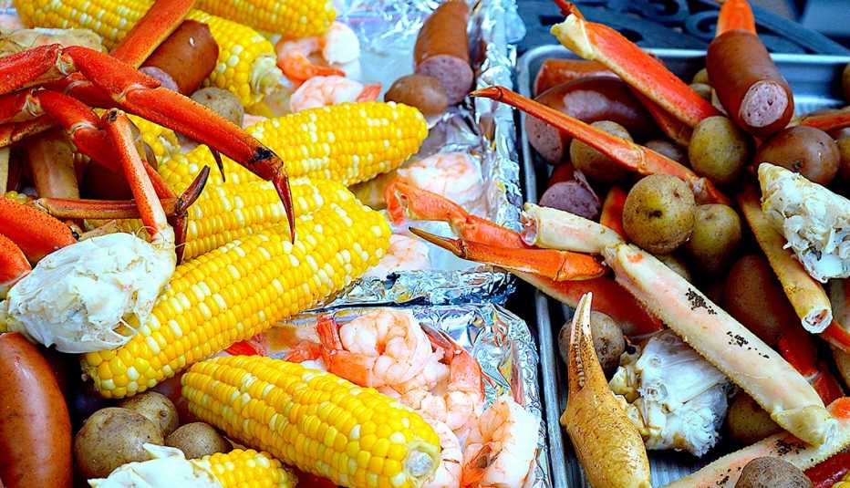 low country seafood boil with corn on the cob crab legs shrimp and potatoes