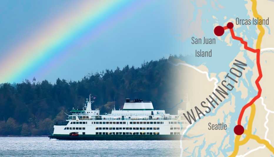 left a rainbow over a ferry in washington right a map showing a route from seattle to san juan island