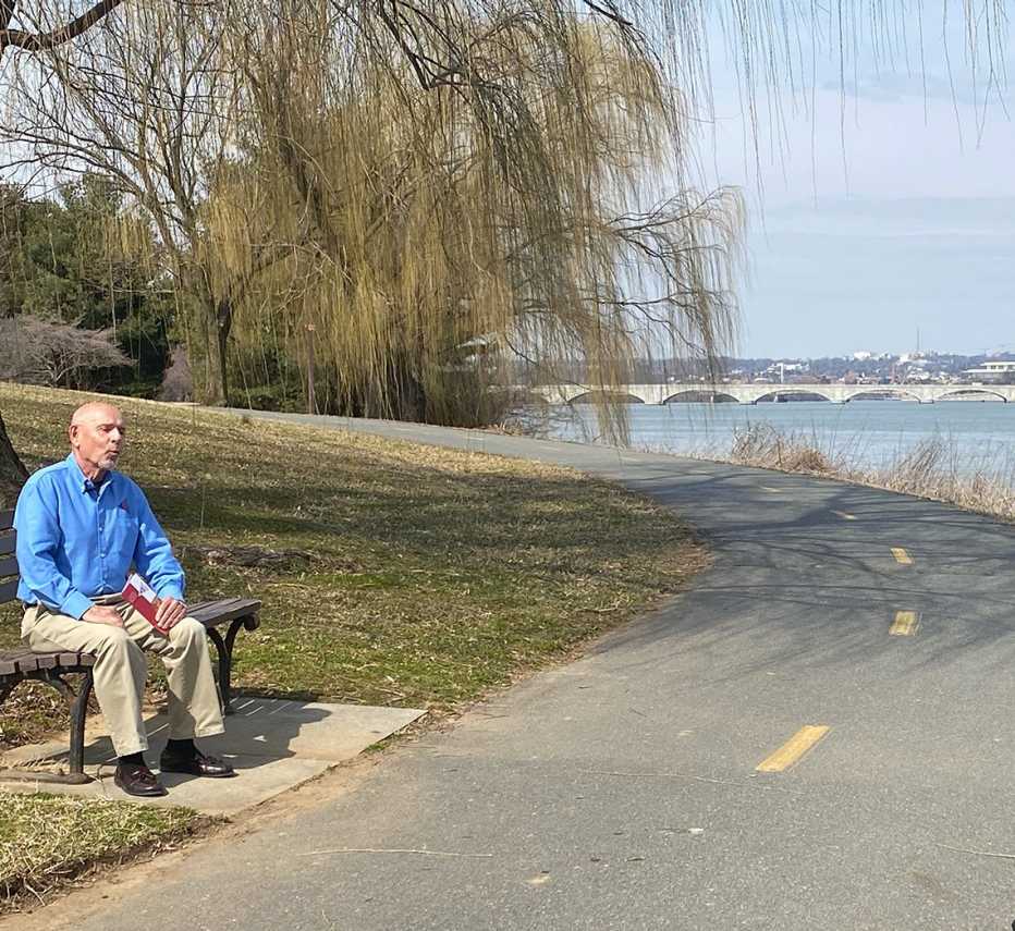 david brinkley president of the national 9 11 memorial trail alliance sits on the mount vernon bike trail across the river from washington d c