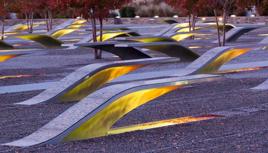 the nine eleven pentagon memorial benches illuminated around dawn