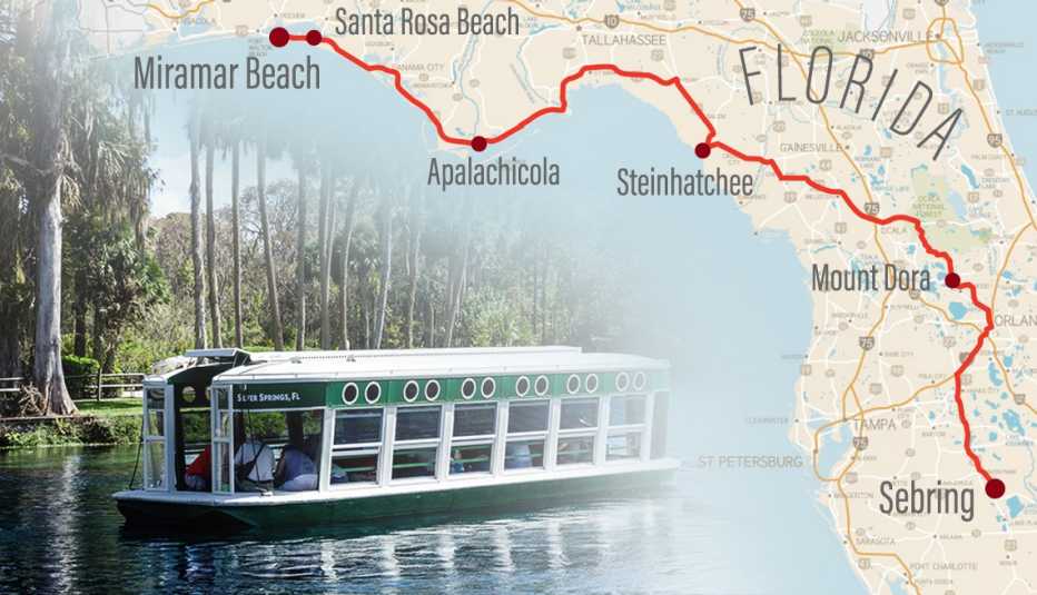 partial map of florida with a road trip route and city stops highlighted collaged with a photo of a glass bottomed tour boat on a florida lake