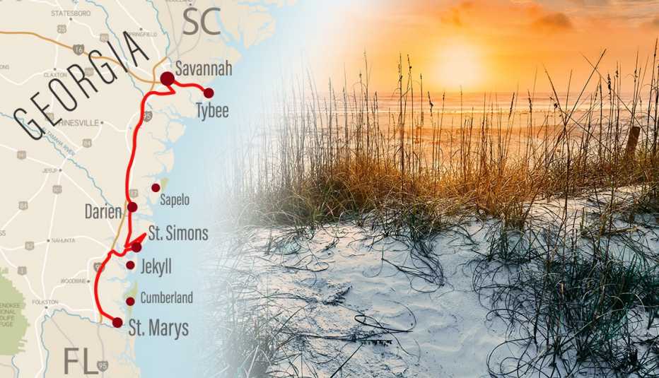 road map of the georgia coastline with a road trip route plotted on it next to an image of the beach
