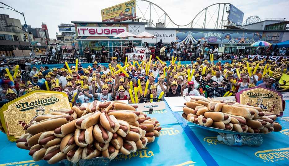 hot dogs on display during the nathan''s hot dog eating contest in new york city on july 4