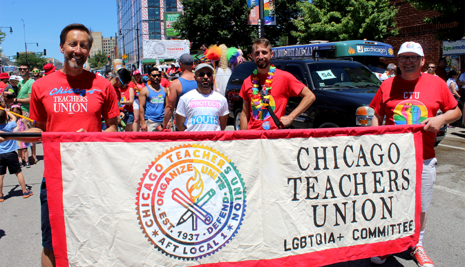 people with the chicago teachers union marching at chicago pride in illinois
