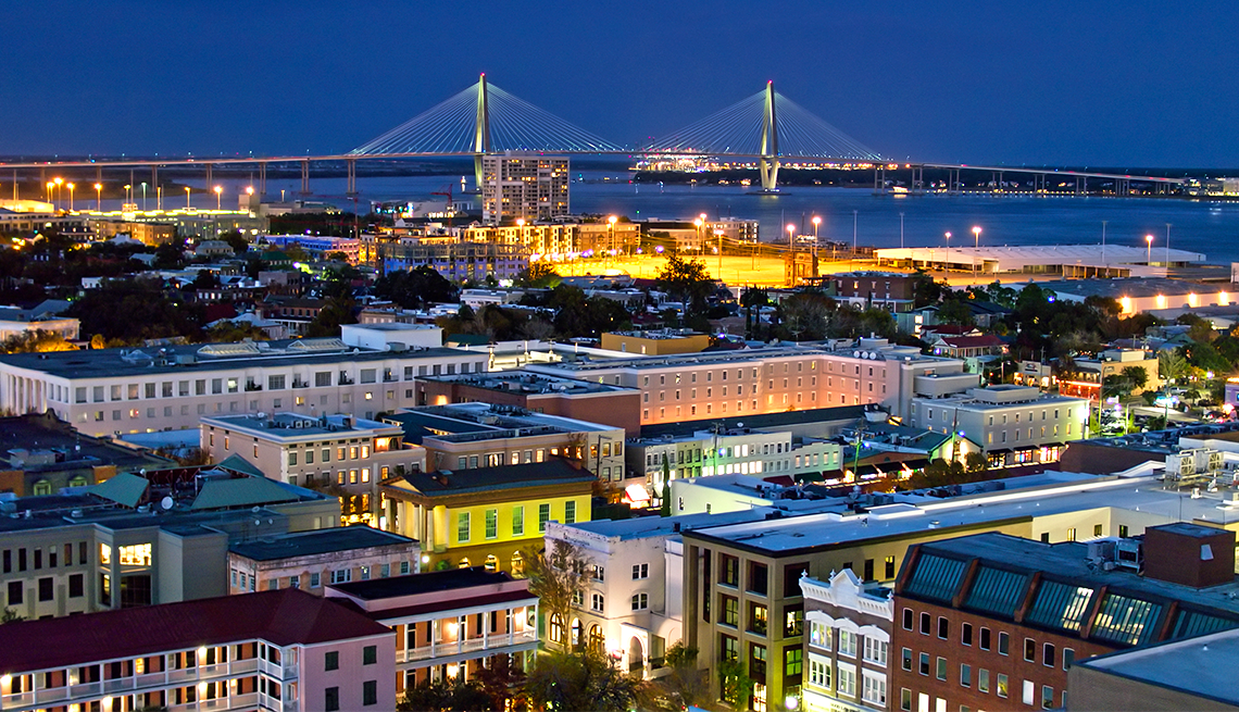 Aerial view of downtown Charleston, S.C., with the Cooper River Bridge in the background.