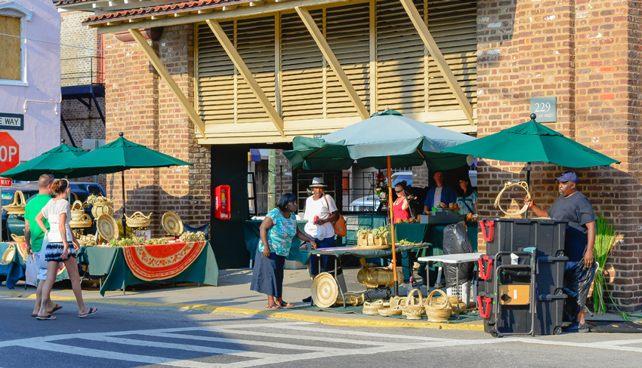 Sweetgrass baskets, made by Gullah artisans, are sold at the Charleston City Market.