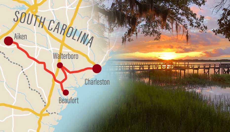 left a map showing a route from charleston to aiken south carolina right sunset over a dock