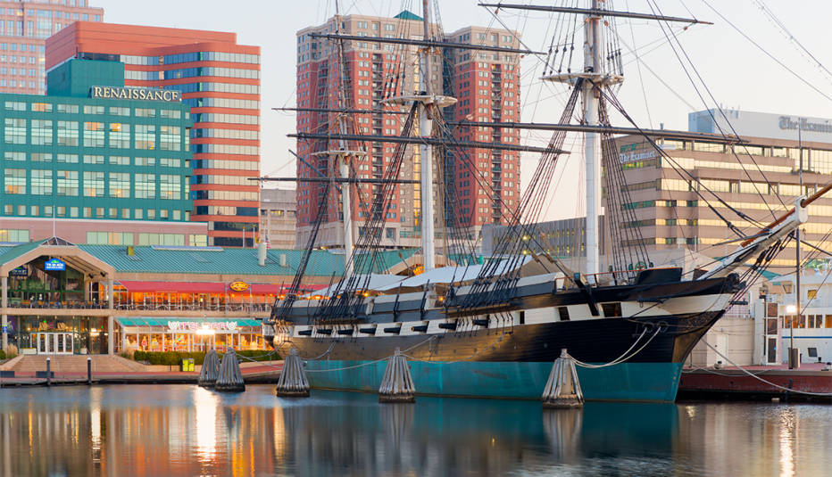 the u s s constellation anchored in the inner harbor baltimore maryland