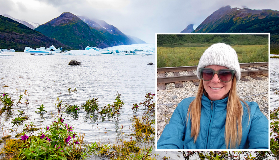 Icebergs in Spencer Lake and writer Susan Barnes waiting near tracks for the Glacier Discovery Train in Alaska