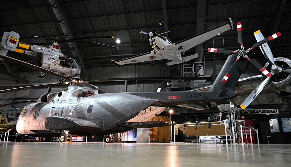 a sikorsky c h three e or black mariah on display in the southeast asia war gallery at the national museum of the u s air force