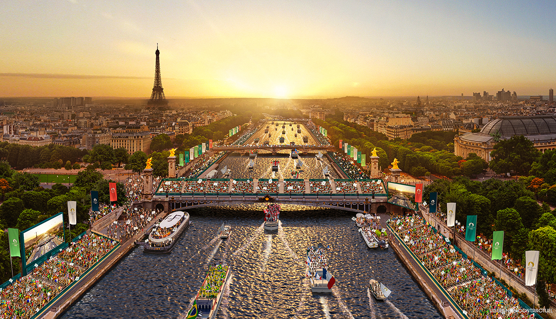 Aerial rendition of Paris with Eiffel tower and Seine river for opening 2024 Olympic ceremonies